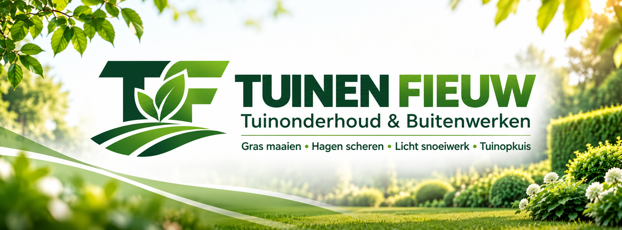 Tuinen Fieuw — tuinonderhoud en buitenwerken, met het groene TF-logo en een illustratieve tuin